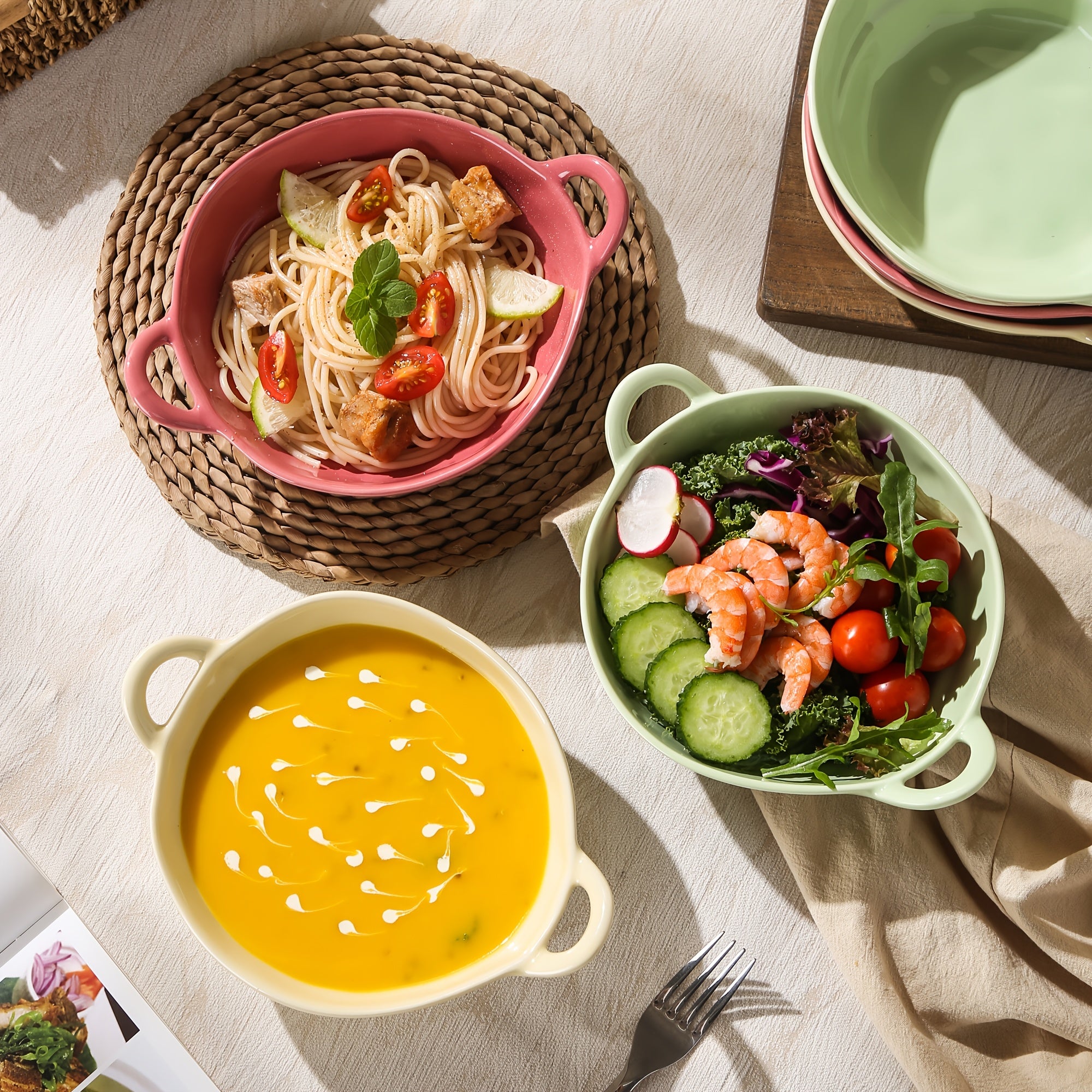 6pcs TAUFIKT Ceramic Bowls with Double Ear Handles | Durable & Versatile for Soup, Salad, Noodles, Fruit - Oven Safe, Round Shape, Ideal for Home and Restaurant, Perfect for Christmas, Valentine'S Day, Thanksgiving, New Year Gatherings