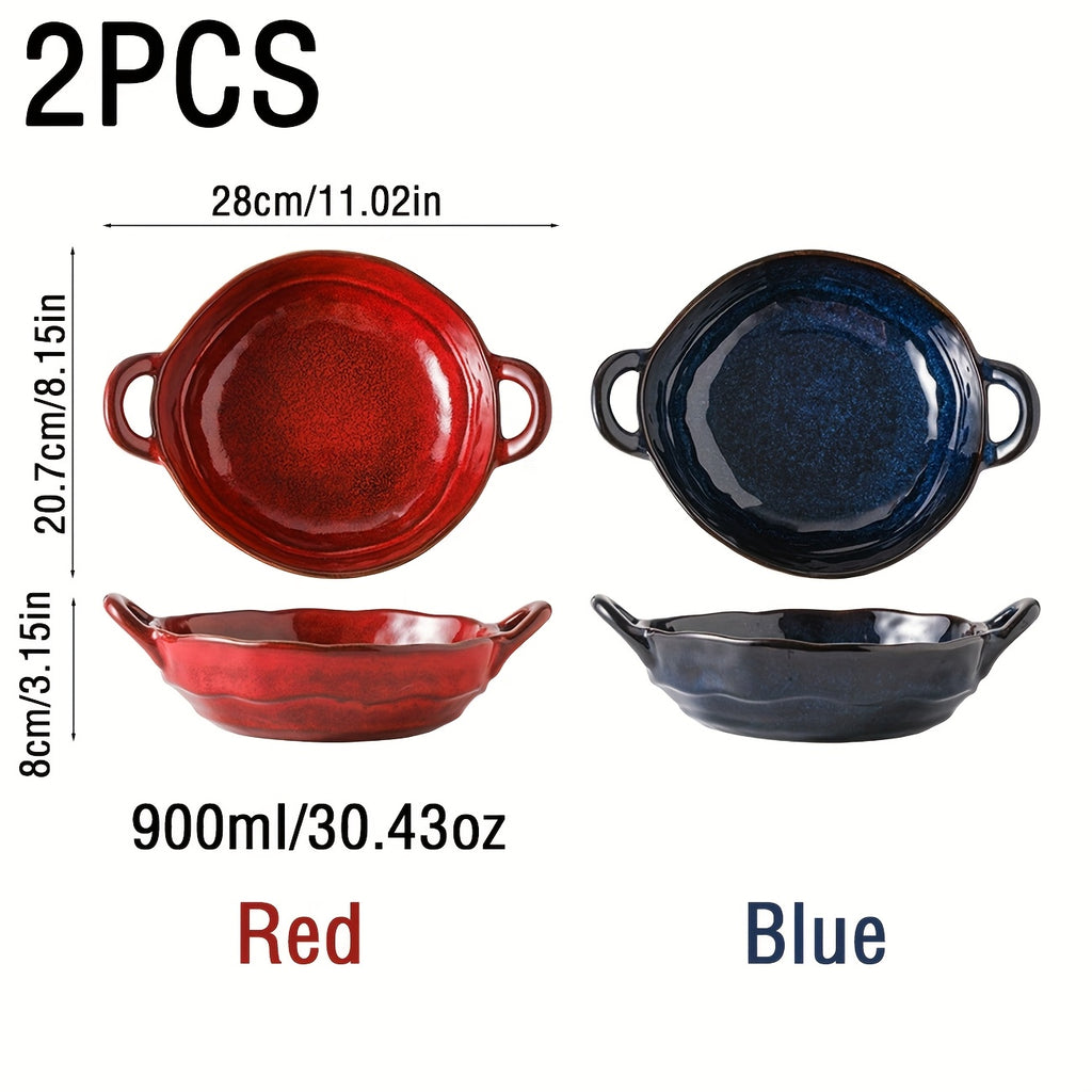 Two Ceramic Double-Handled Soup Bowls with a Capacity of 550\u002F900 Milliliters, Featuring a Heat-Resistant Design with Handles, Safe for Oven And Microwave Use, Suitable for French Onion Soup, Pasta, Ramen, Stews, And More, Perfect for Home Kitchens