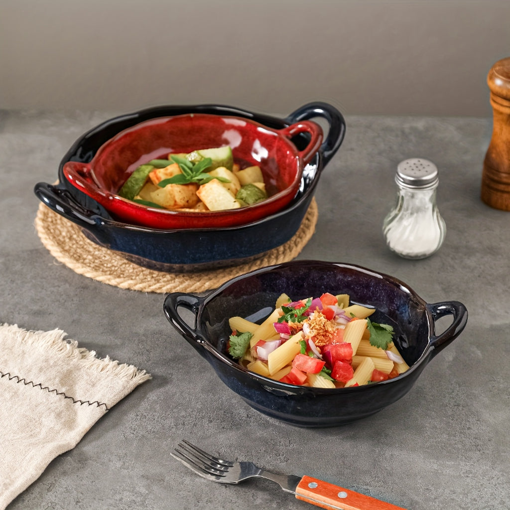 Two Ceramic Double-Handled Soup Bowls with a Capacity of 550\u002F900 Milliliters, Featuring a Heat-Resistant Design with Handles, Safe for Oven And Microwave Use, Suitable for French Onion Soup, Pasta, Ramen, Stews, And More, Perfect for Home Kitchens