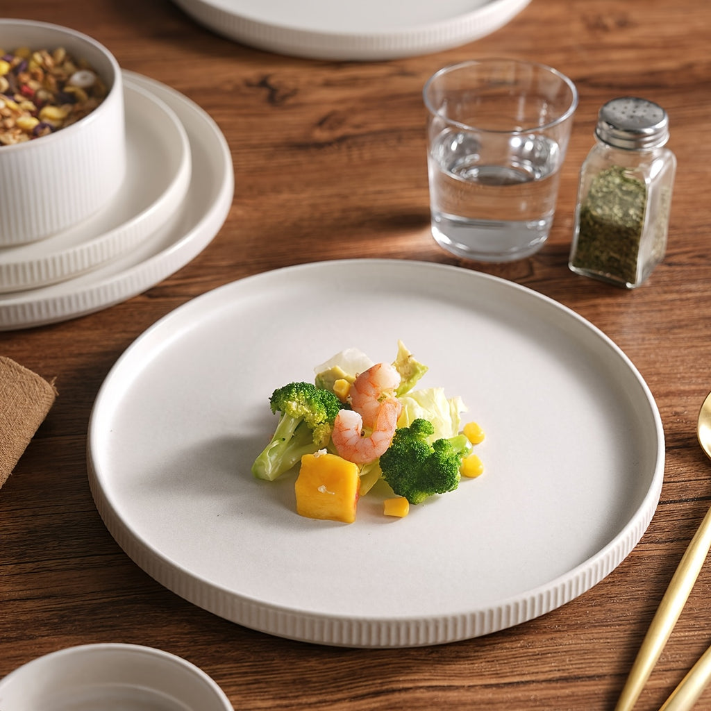 12pcs Stoneware Dinnerware Sets, Round Plates And Bowls Set for 4, Ribbed, Dishwasher And Microwave-safe, Full Glaze Matte White, Best for Christmas, Perfect for Thanksgiving