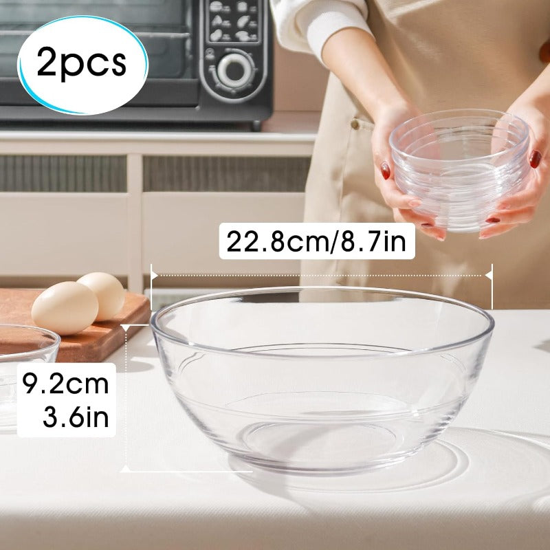 2 Pack 8.7 inch Heavy-Duty Tempered Glass Mixing Bowls with Level Base - Microwave,, Dishwasher & Freezer Safe Potsafe Glass Bowls Suitable for Kitchen,, Serving, Soup, Salad Prep - Shatterproof Glass Durable Bowls