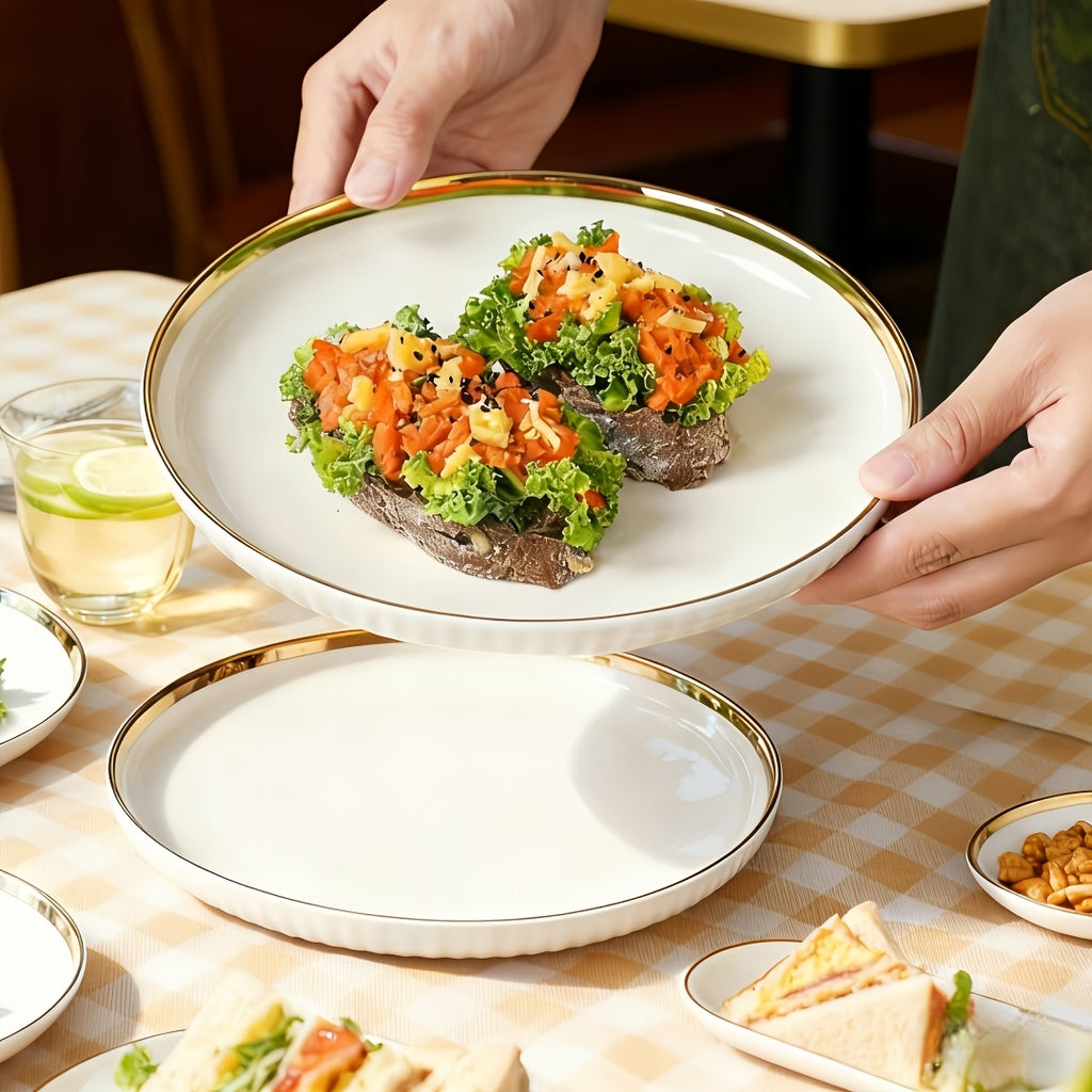 Luxury Ceramic Dinner Plate Set | 10-inch Gold-Edged Plates for Pasta, Salad, Dessert, Sushi - Multi-Functional Kitchenware Suitable for Restaurants and Home Gatherings, Microwave and Dishwasher Safe
