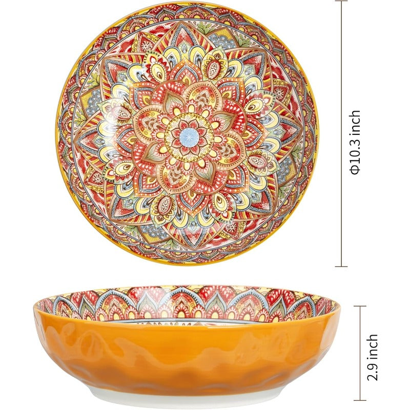 75 Oz Serving Bowls in Bohemian Design, Large Porcelain Dishes Ideal for Entertaining at Parties. Perfect for Serving Soup, Salad, Pasta, Fruit, Or Chips, with a Diameter of 10.3 Inches in Orange And Beige.