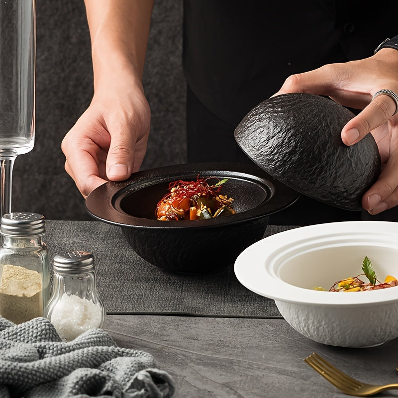 1pc Elegant Planet Design Ceramic Serving Bowl with Textured Lid - Round Food-Grade Dish for Salads, Appetizers, Main Meals - Home and Restaurant Use