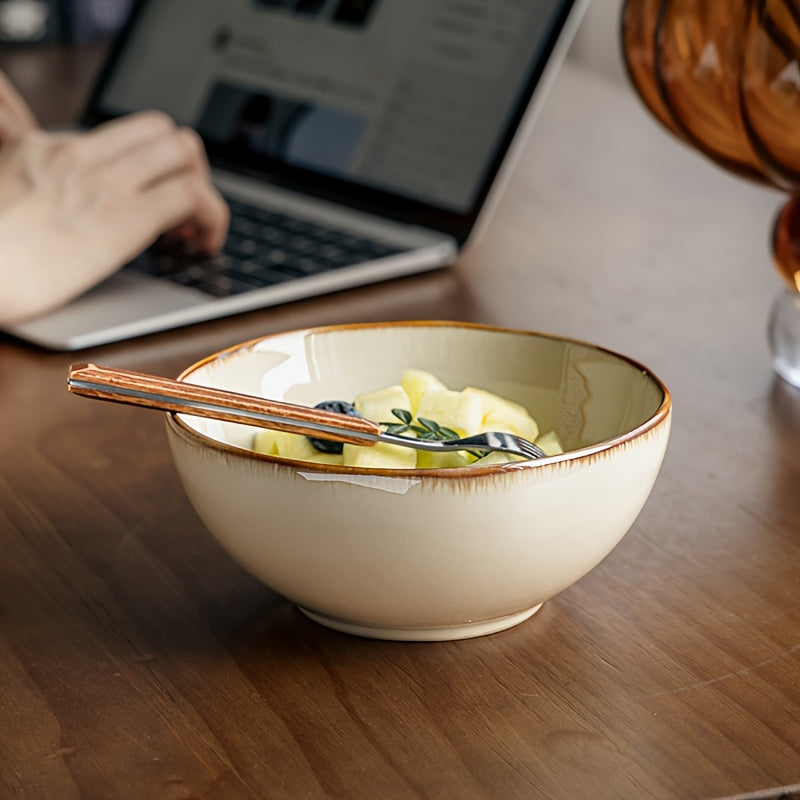 Vintage Ceramic Bowl Set 4pcs Japanese Vintage Edge-Painted Ceramic Bowl Set - Yellow Kraft Round Soup & Rice Bowls with Glaze, 4.5\u002F5.5 Inch Dinnerware for Home, Dining, or Gifts