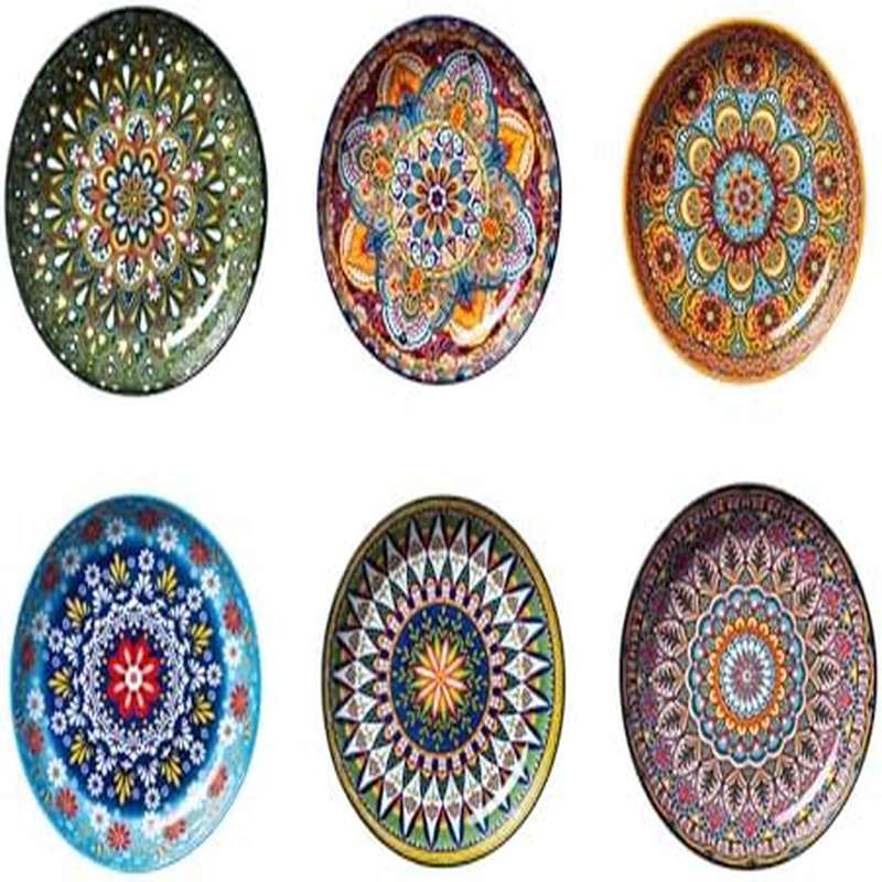 Stoneware Ceramic Pasta Bowls Set of 6 Deep Plates - 8 Inch Shallow Dinnerware, Premium Mandala Boho Salad Soup Rice Bowls, Colorful Decorative Ceramic Serving, Microwave Dishwasher Oven Safe Rimmed
