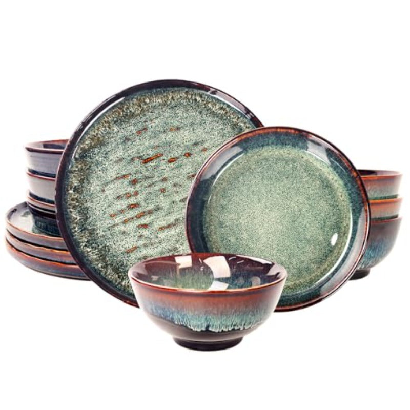 Dinner Set 2 Pieces - Round Reactive Glaze Tableware - Kitchen Dinnerware Porcelain Crockery with Dinner Plate Bowl and Soup Plate Service for 4 Microwave Dishwasher Safe Set No.4