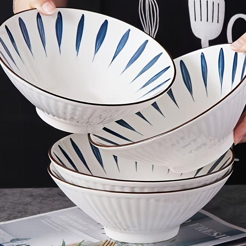 Set of Four Premium Ceramic Bowls Featuring a Distinctive Design, Perfect for Serving Large Portions of Traditional Japanese Ramen Soup in a Retro Style