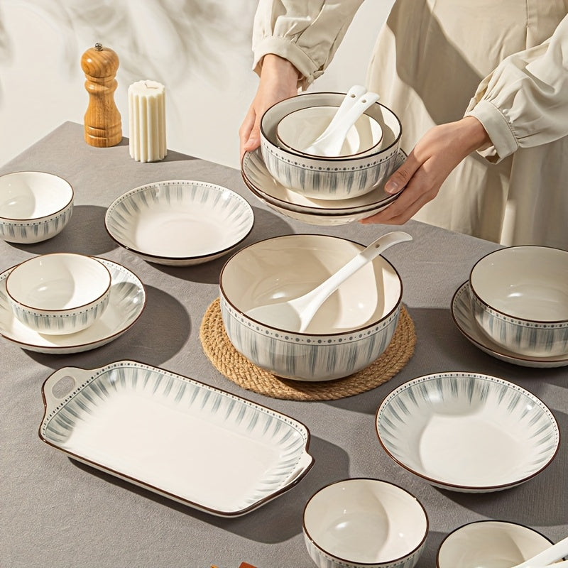 24\u002F45pcs Ceramic Tableware Set, Simple And High-end, with Edge Line Design, Including Rice Bowl, Flavor Dish, Plate, Soup Bowl, Can Hold Rice, Salad, Turkey And Other Food, Suitable for Kitchen, Restaurant, Hotel, Christmas, New Year Gifts