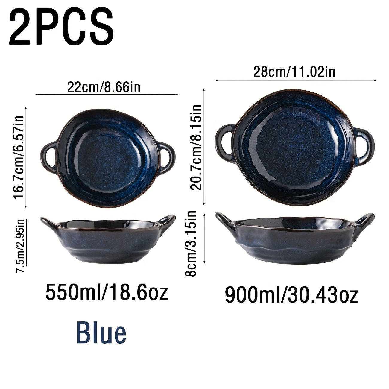 Two Ceramic Double-Handled Soup Bowls with a Capacity of 550\u002F900 Milliliters, Featuring a Heat-Resistant Design with Handles, Safe for Oven And Microwave Use, Suitable for French Onion Soup, Pasta, Ramen, Stews, And More, Perfect for Home Kitchens