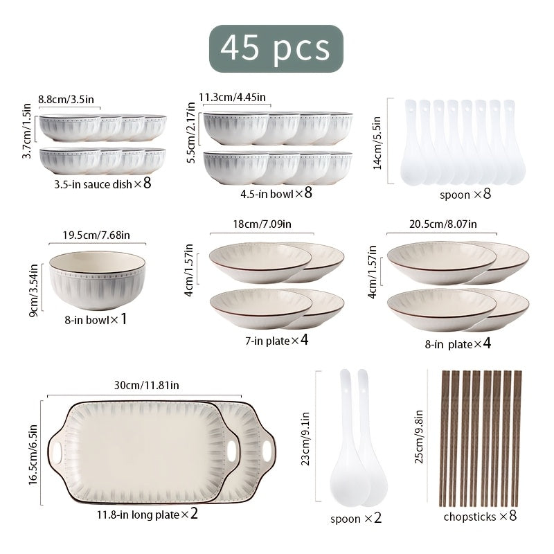 24\u002F45pcs Ceramic Tableware Set, Simple And High-end, with Edge Line Design, Including Rice Bowl, Flavor Dish, Plate, Soup Bowl, Can Hold Rice, Salad, Turkey And Other Food, Suitable for Kitchen, Restaurant, Hotel, Christmas, New Year Gifts