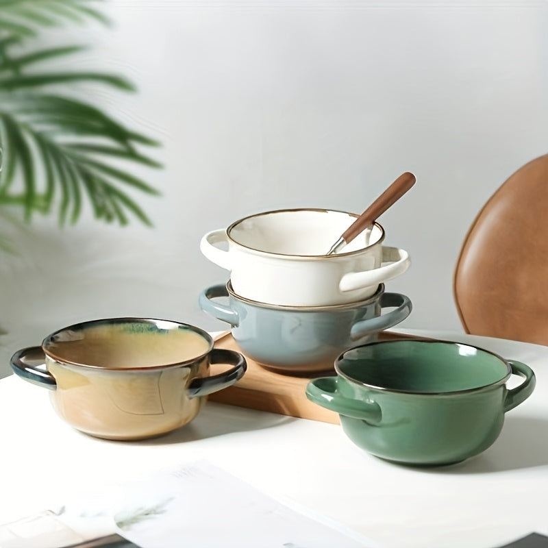 4pcs Color Dopamine Color Matching Ceramic Binaural Bowl, 28oz Super Large Capacity Ceramic Bowl with Handle for Soup, Salad Dessert, Pasta, Lamian Noodles - Suitable for Dishwasher And Microwave Oven, Very Suitable for Kitchen And Household Gifts