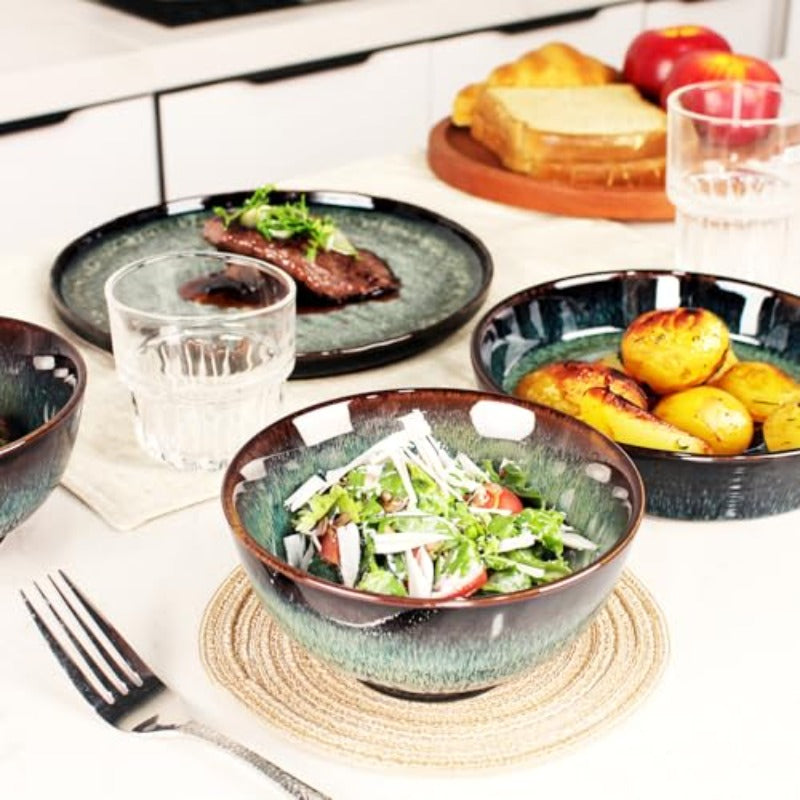 Dinner Set 2 Pieces - Round Reactive Glaze Tableware - Kitchen Dinnerware Porcelain Crockery with Dinner Plate Bowl and Soup Plate Service for 4 Microwave Dishwasher Safe Set No.4