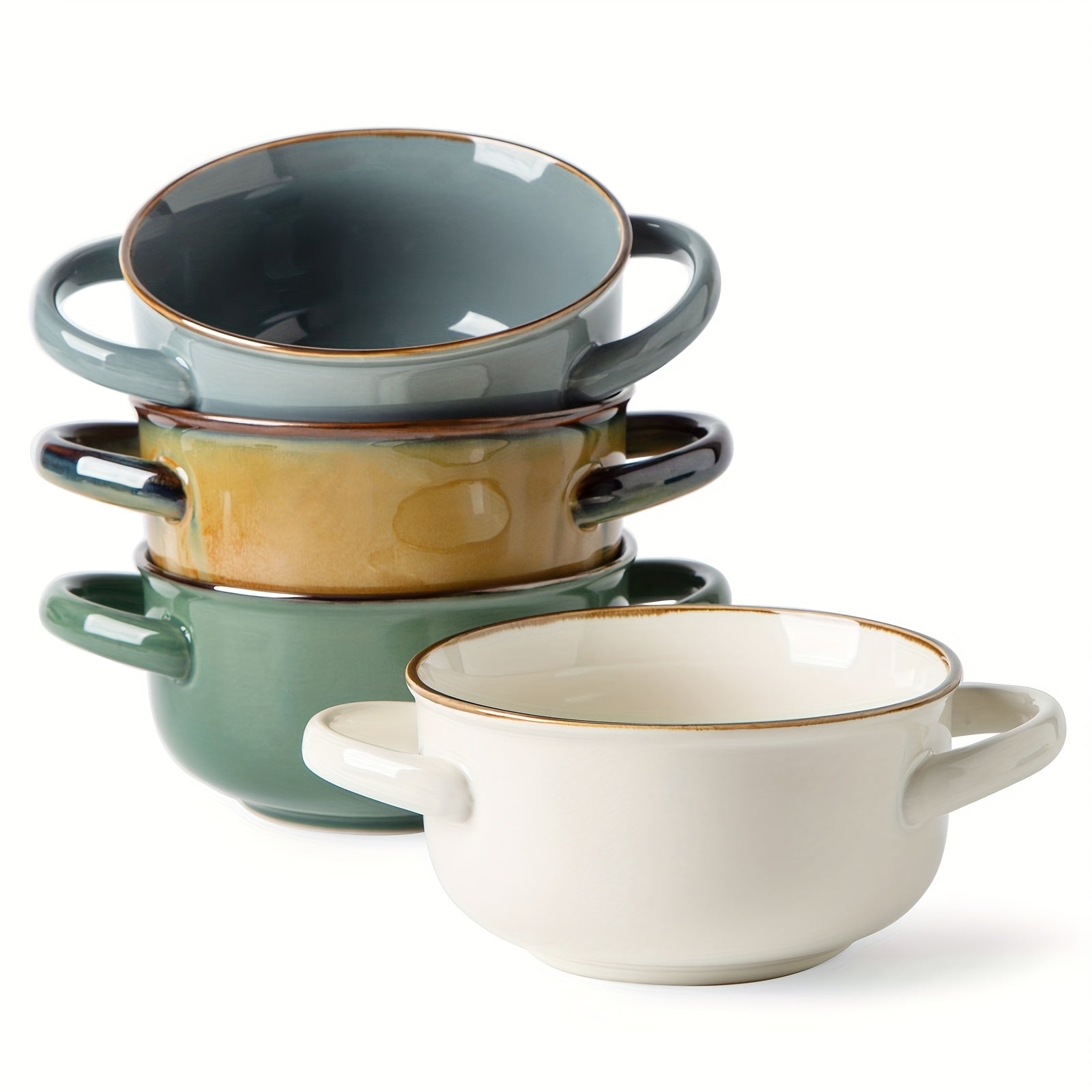 4pcs Color Dopamine Color Matching Ceramic Binaural Bowl, 28oz Super Large Capacity Ceramic Bowl with Handle for Soup, Salad Dessert, Pasta, Lamian Noodles - Suitable for Dishwasher And Microwave Oven, Very Suitable for Kitchen And Household Gifts