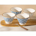 Set of Four 5-Inch Ceramic Bowls in a Japanese Gradient Blue Design, Suitable for Soup, Noodles, And Cereal, And Safe for Both Microwave And Dishwasher Use