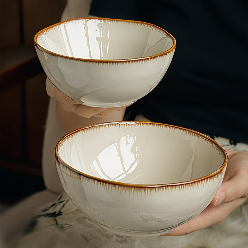 Vintage Ceramic Bowl Set 4pcs Japanese Vintage Edge-Painted Ceramic Bowl Set - Yellow Kraft Round Soup & Rice Bowls with Glaze, 4.5\u002F5.5 Inch Dinnerware for Home, Dining, or Gifts