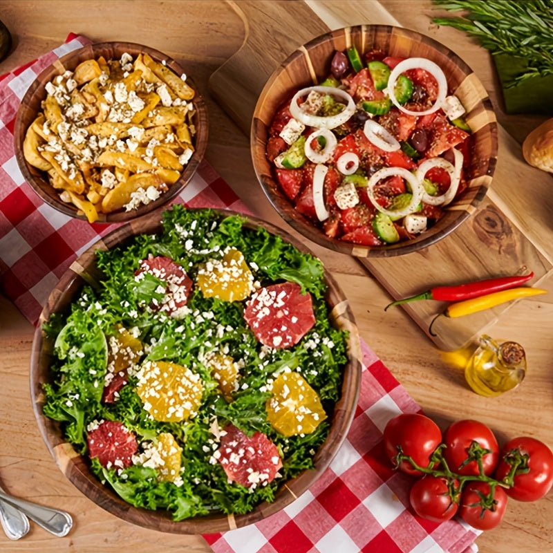Set of Wooden Salad Bowls, Large Serving Bowl Made of Acacia Wood for Fruits, Salads, Vegetables, And More, Crafted by Hand