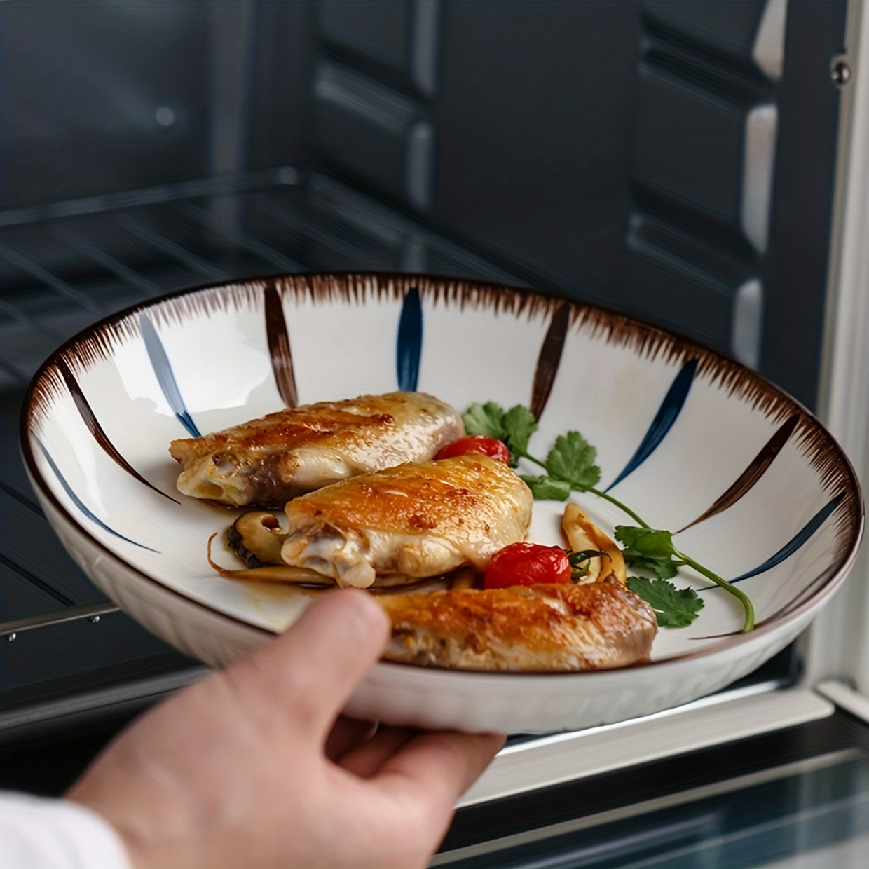 6pcs Japanese-Style Ceramic Deep Plates\u002F8-Inch Round Serving Dishes with Blue & Brown Striped Pattern\u002FMicrowave & Dishwasher Safe\u002FDurable & Easy-Clean Design for Home, Restaurant, Party Use\u002FParty Serving Dishes\u002FElegant Tableware