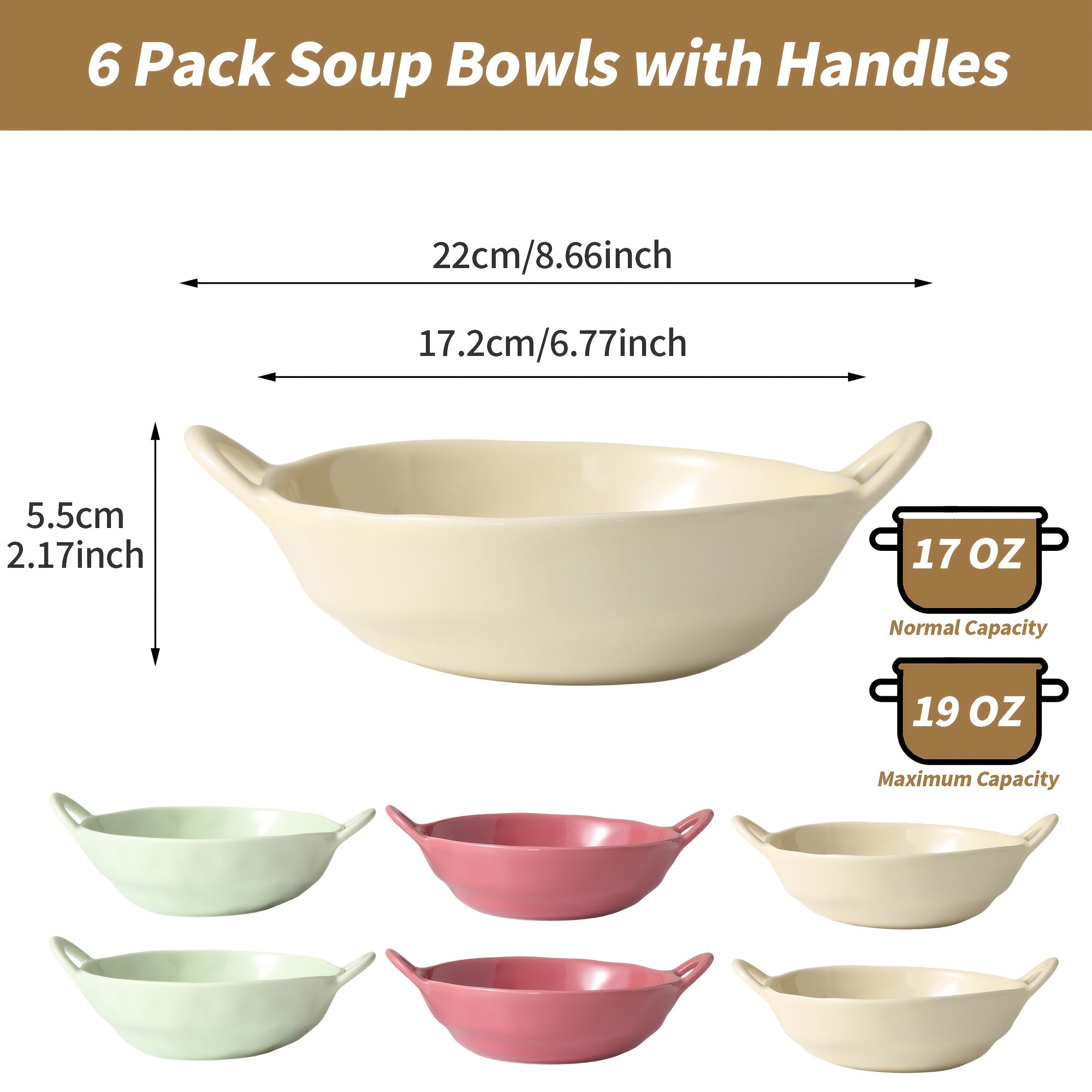 6pcs TAUFIKT Ceramic Bowls with Double Ear Handles | Durable & Versatile for Soup, Salad, Noodles, Fruit - Oven Safe, Round Shape, Ideal for Home and Restaurant, Perfect for Christmas, Valentine'S Day, Thanksgiving, New Year Gatherings