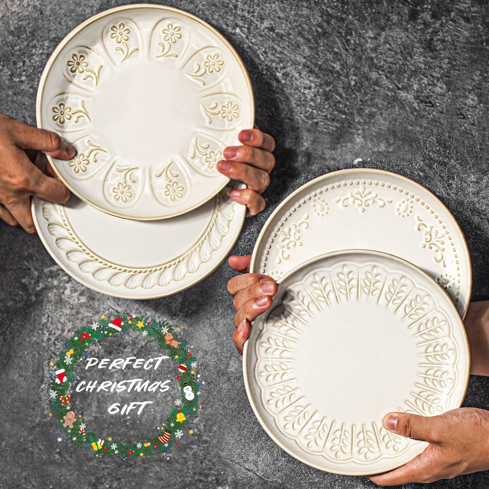 2pcs Ceramic Artena Dinner Plates Set, Embossed Design, 10.75\