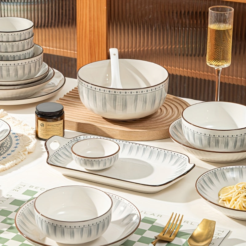 24\u002F45pcs Ceramic Tableware Set, Simple And High-end, with Edge Line Design, Including Rice Bowl, Flavor Dish, Plate, Soup Bowl, Can Hold Rice, Salad, Turkey And Other Food, Suitable for Kitchen, Restaurant, Hotel, Christmas, New Year Gifts