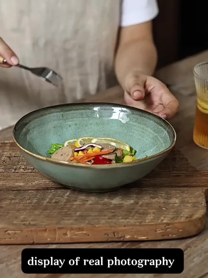 2pcs 8-Inch\u002F30.43oz Unique Ceramic Salad Bowls - Irregular Glaze Design, Perfect for Noodles and Cakes, Adds Vibrancy to Meals, Ideal for Restaurants and Home Use