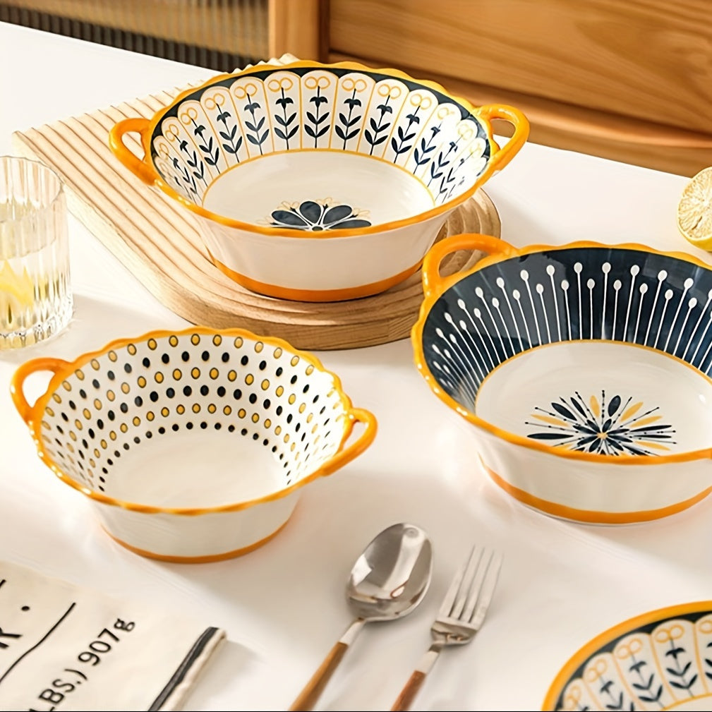 2pcs set of Nordic style ceramic salad bowls, soup bowls with handles, noodle bowls, ramen bowls, fruit bowls