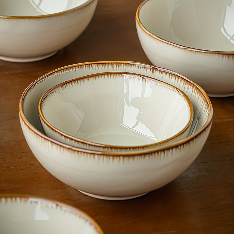 Vintage Ceramic Bowl Set 4pcs Japanese Vintage Edge-Painted Ceramic Bowl Set - Yellow Kraft Round Soup & Rice Bowls with Glaze, 4.5\u002F5.5 Inch Dinnerware for Home, Dining, or Gifts
