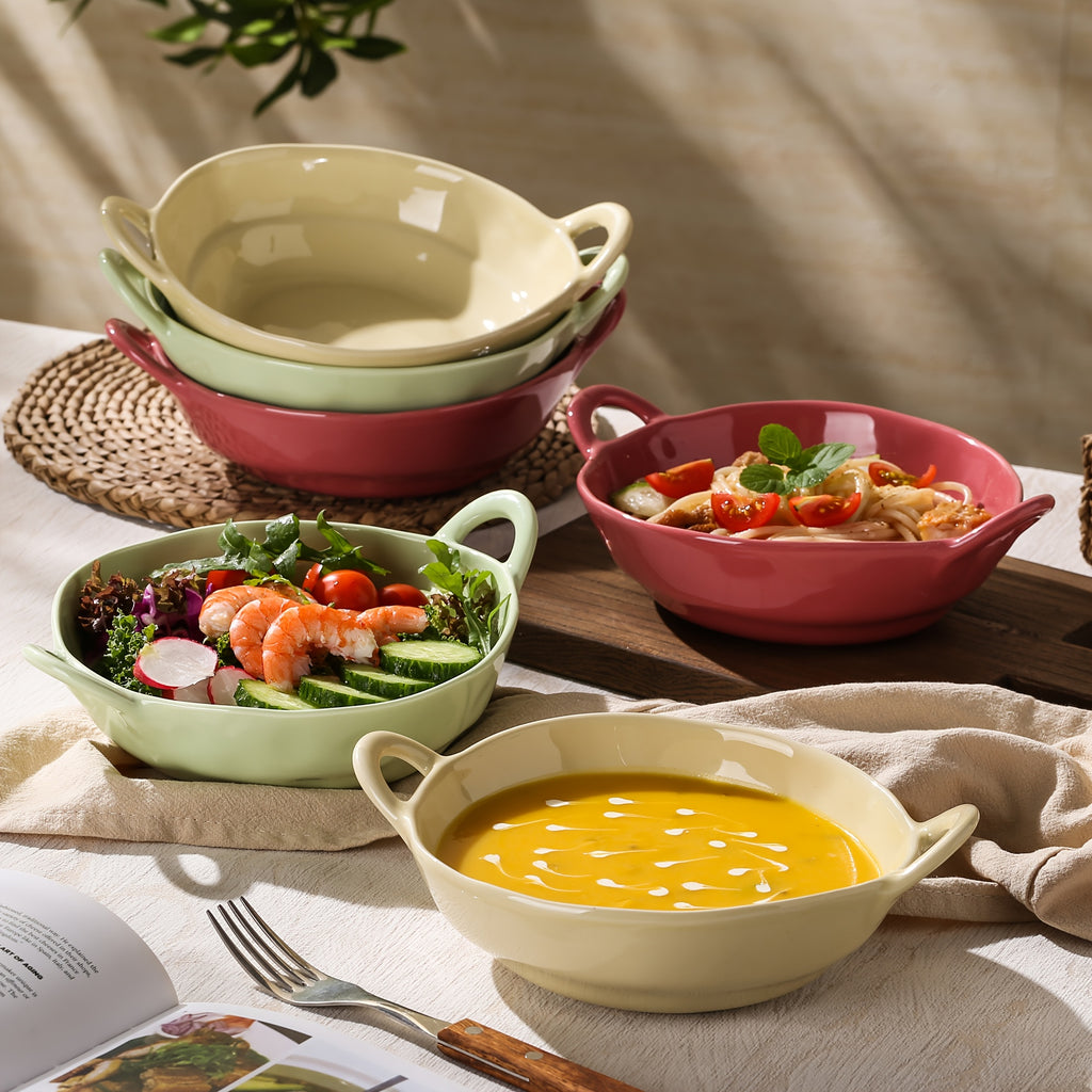 6pcs TAUFIKT Ceramic Bowls with Double Ear Handles | Durable & Versatile for Soup, Salad, Noodles, Fruit - Oven Safe, Round Shape, Ideal for Home and Restaurant, Perfect for Christmas, Valentine'S Day, Thanksgiving, New Year Gatherings