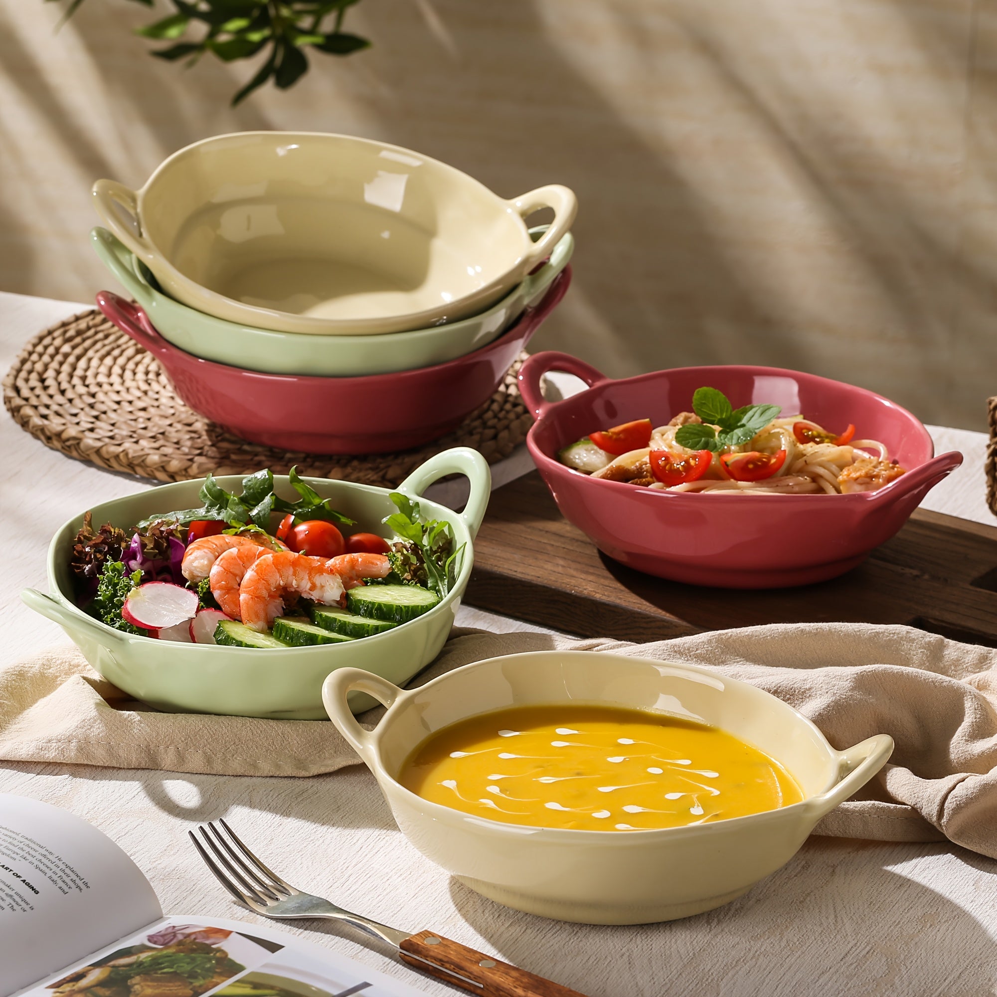 6pcs TAUFIKT Ceramic Bowls with Double Ear Handles | Durable & Versatile for Soup, Salad, Noodles, Fruit - Oven Safe, Round Shape, Ideal for Home and Restaurant, Perfect for Christmas, Valentine'S Day, Thanksgiving, New Year Gatherings