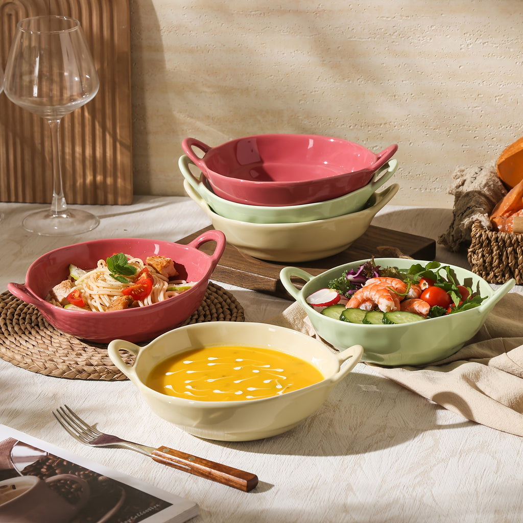 6pcs TAUFIKT Ceramic Bowls with Double Ear Handles | Durable & Versatile for Soup, Salad, Noodles, Fruit - Oven Safe, Round Shape, Ideal for Home and Restaurant, Perfect for Christmas, Valentine'S Day, Thanksgiving, New Year Gatherings