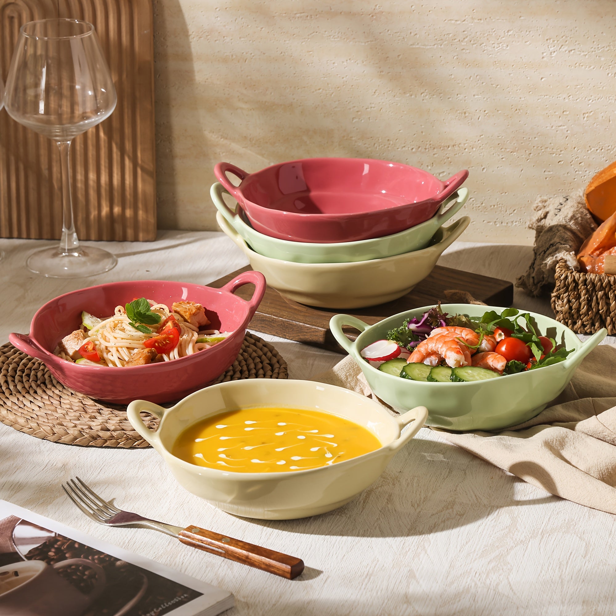 6pcs TAUFIKT Ceramic Bowls with Double Ear Handles | Durable & Versatile for Soup, Salad, Noodles, Fruit - Oven Safe, Round Shape, Ideal for Home and Restaurant, Perfect for Christmas, Valentine'S Day, Thanksgiving, New Year Gatherings