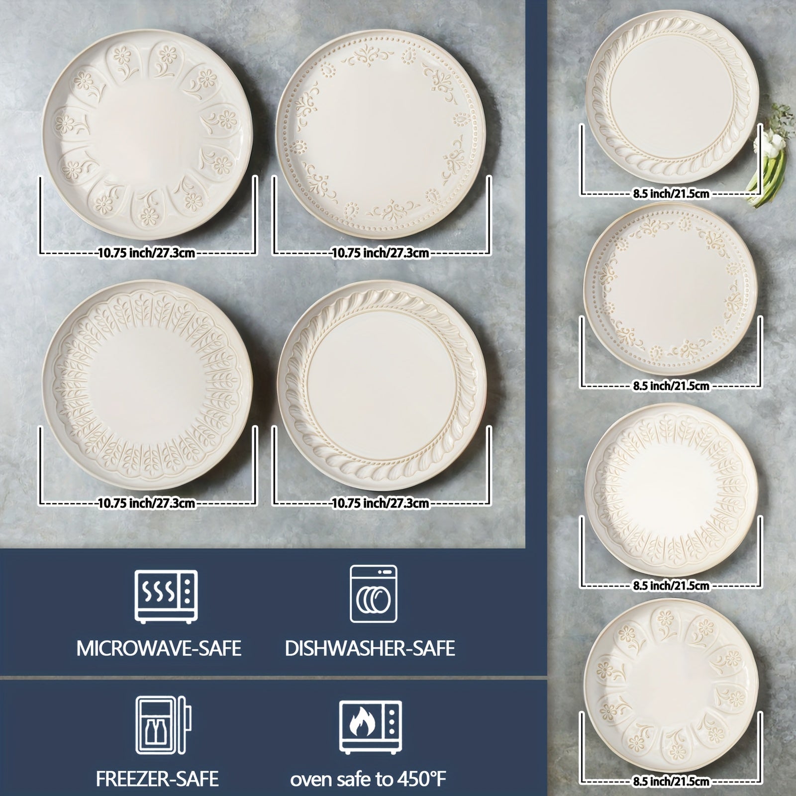 Artena Embossed Ceramic 2 Artena Embossed Ceramic Dinner Plates | 10.75 & 8.5 Inches | Ideal for Salads, Desserts, Steaks | Gift for Christmas, Thanksgiving, Halloween, Mother's Day, Housewarmings