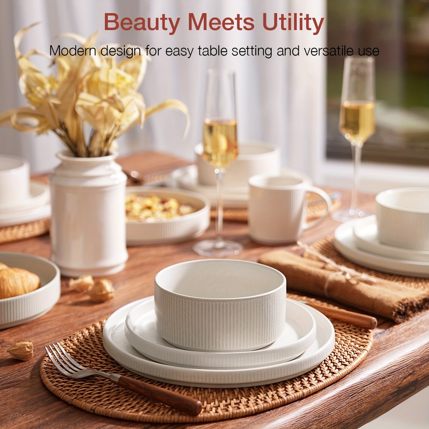 12pcs Stoneware Dinnerware Sets, Round Plates And Bowls Set for 4, Ribbed, Dishwasher And Microwave-safe, Full Glaze Matte White, Best for Christmas, Perfect for Thanksgiving