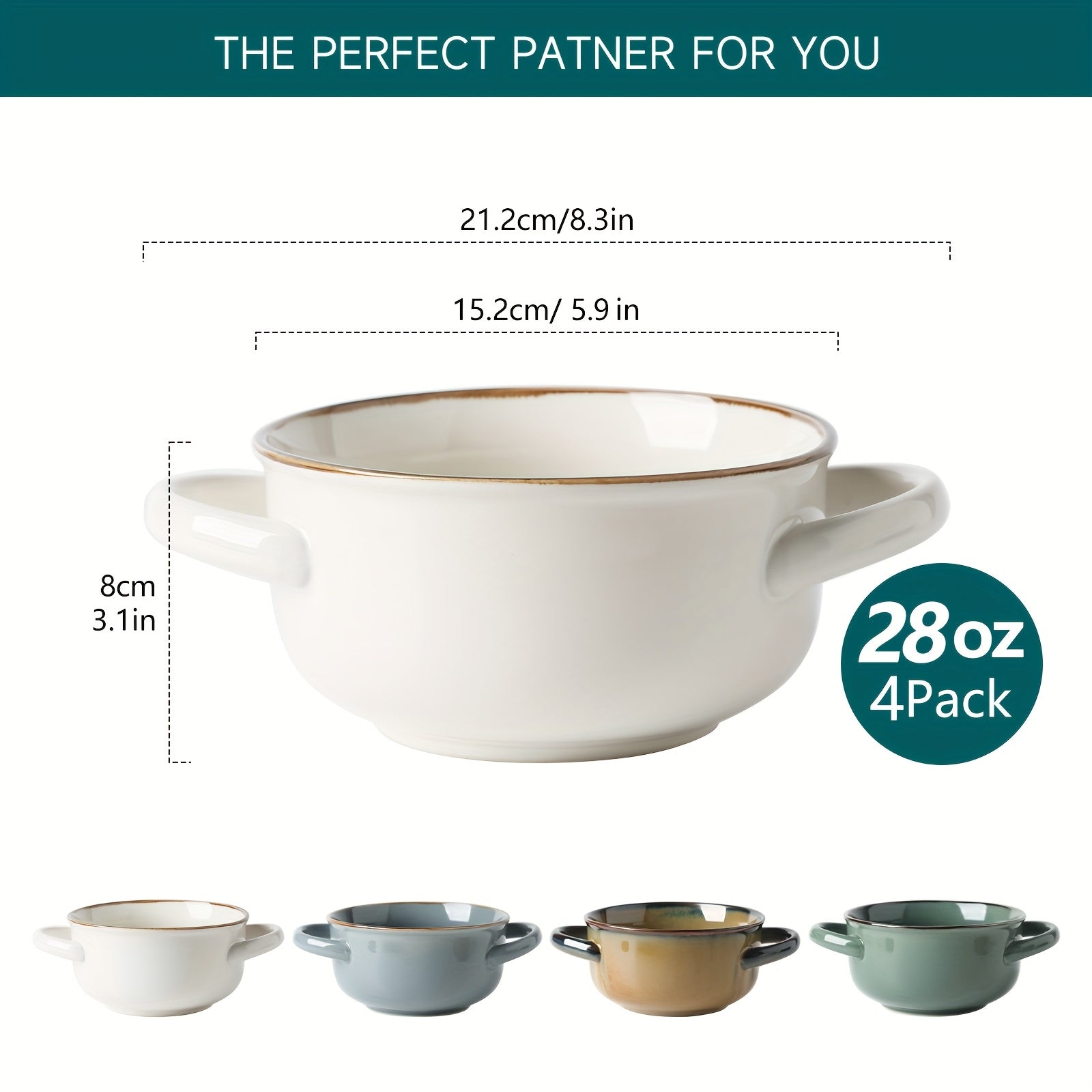 4pcs Color Dopamine Color Matching Ceramic Binaural Bowl, 28oz Super Large Capacity Ceramic Bowl with Handle for Soup, Salad Dessert, Pasta, Lamian Noodles - Suitable for Dishwasher And Microwave Oven, Very Suitable for Kitchen And Household Gifts