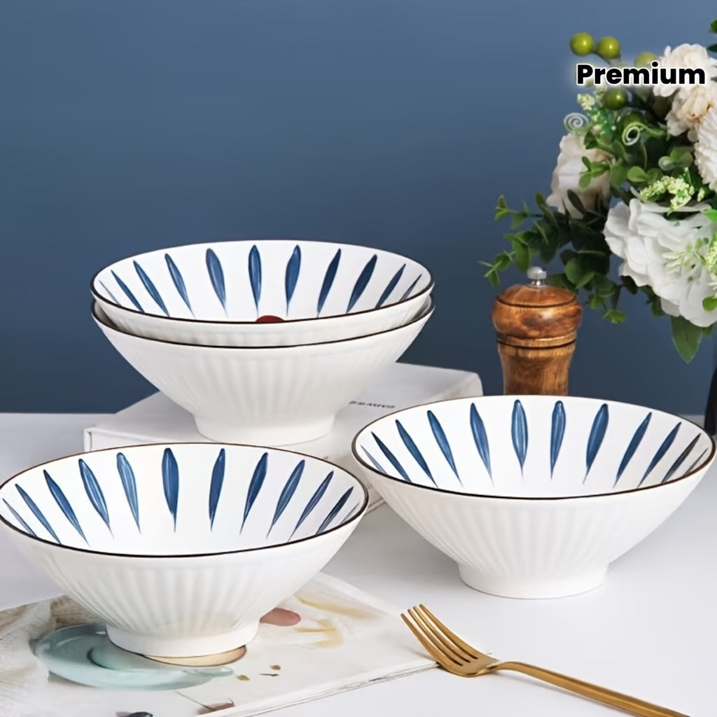 Set of Four Premium Ceramic Bowls Featuring a Distinctive Design, Perfect for Serving Large Portions of Traditional Japanese Ramen Soup in a Retro Style